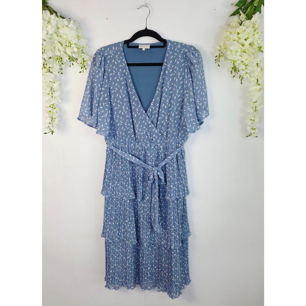 Entro Midi Tiered Dress Large Blue White Feather Pleated Flutter Sleeve Cottage - Picture 2 of 15